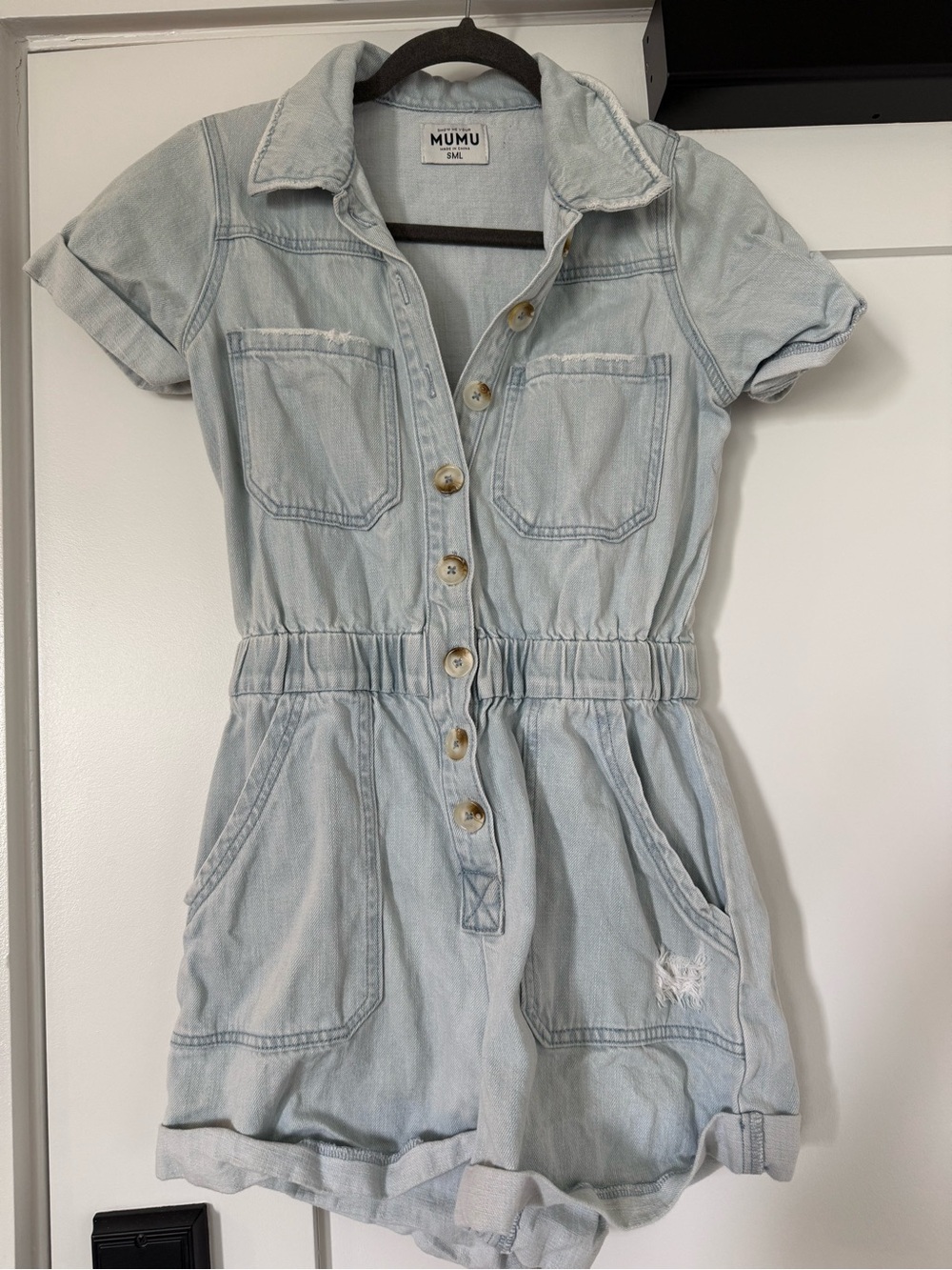 Show Me Your Mumu Light Blue Denim Short Sleeve Romper Dress